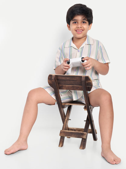 Cream Striped Short Sleeves Co-ord Set