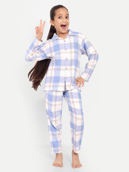 Blue Cotton Woven Checked Winter Flannel Full Sleeve Night Suit
