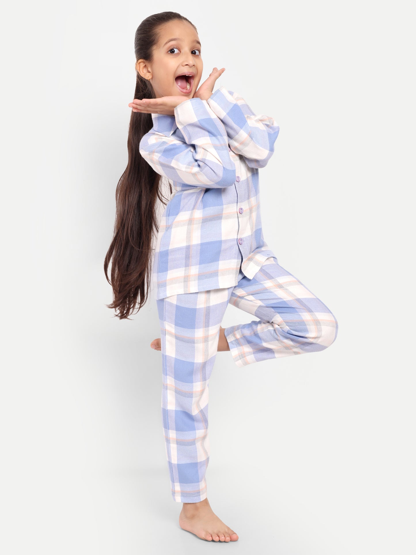 Blue Cotton Woven Checked Winter Flannel Full Sleeve Night Suit