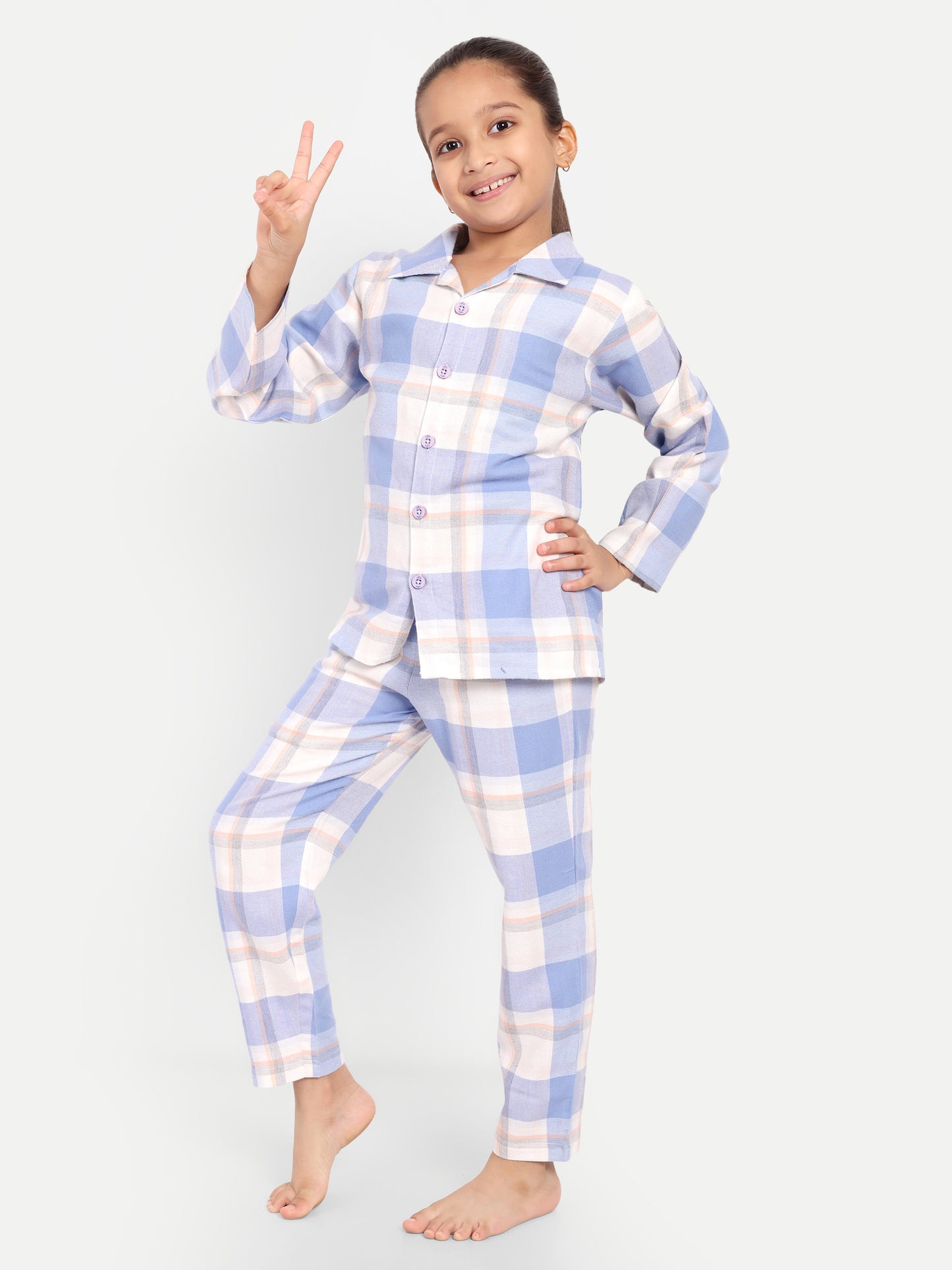 Blue Cotton Woven Checked Winter Flannel Full Sleeve Night Suit