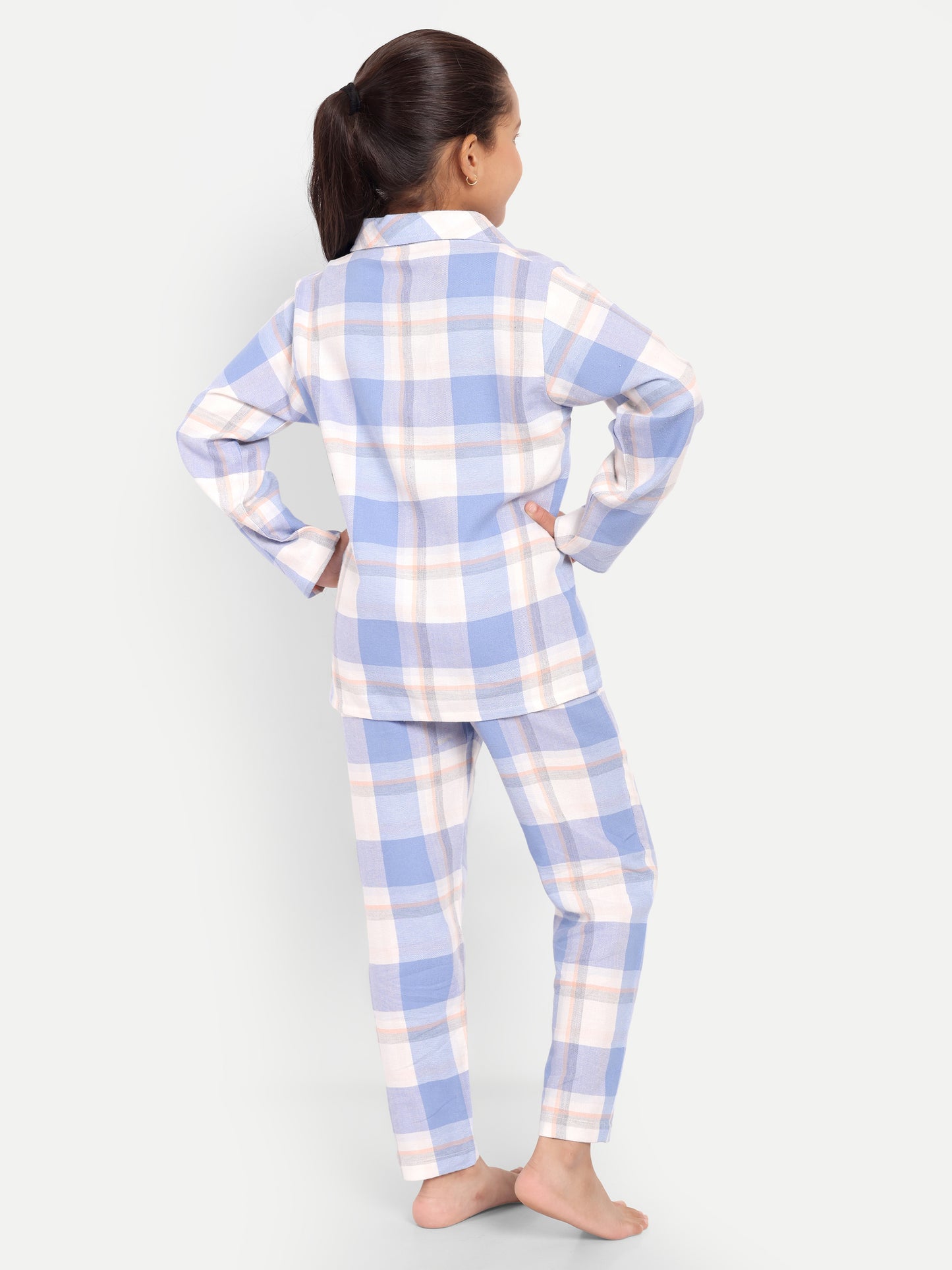 Blue Cotton Woven Checked Winter Flannel Full Sleeve Night Suit