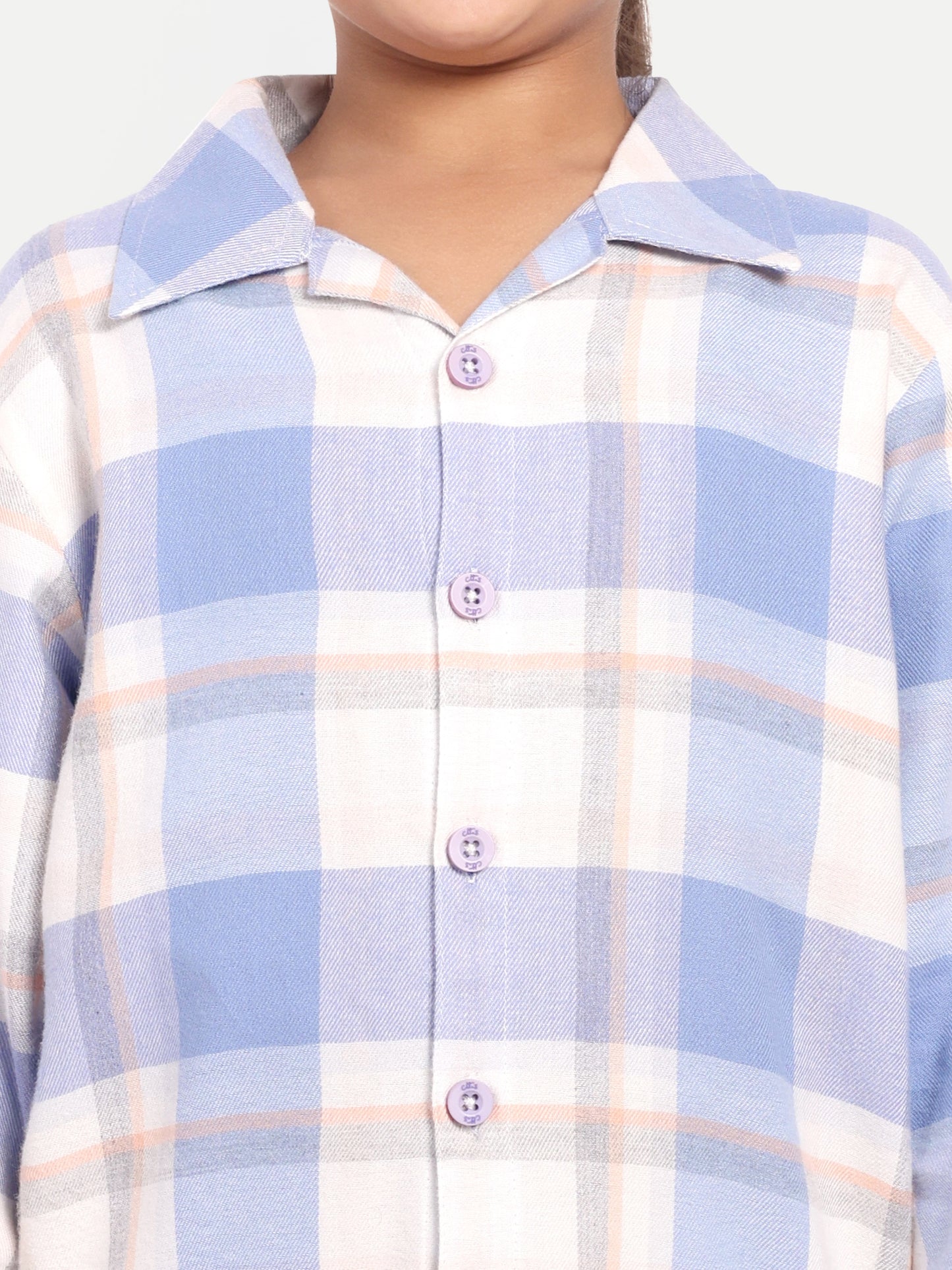 Blue Cotton Woven Checked Winter Flannel Full Sleeve Night Suit