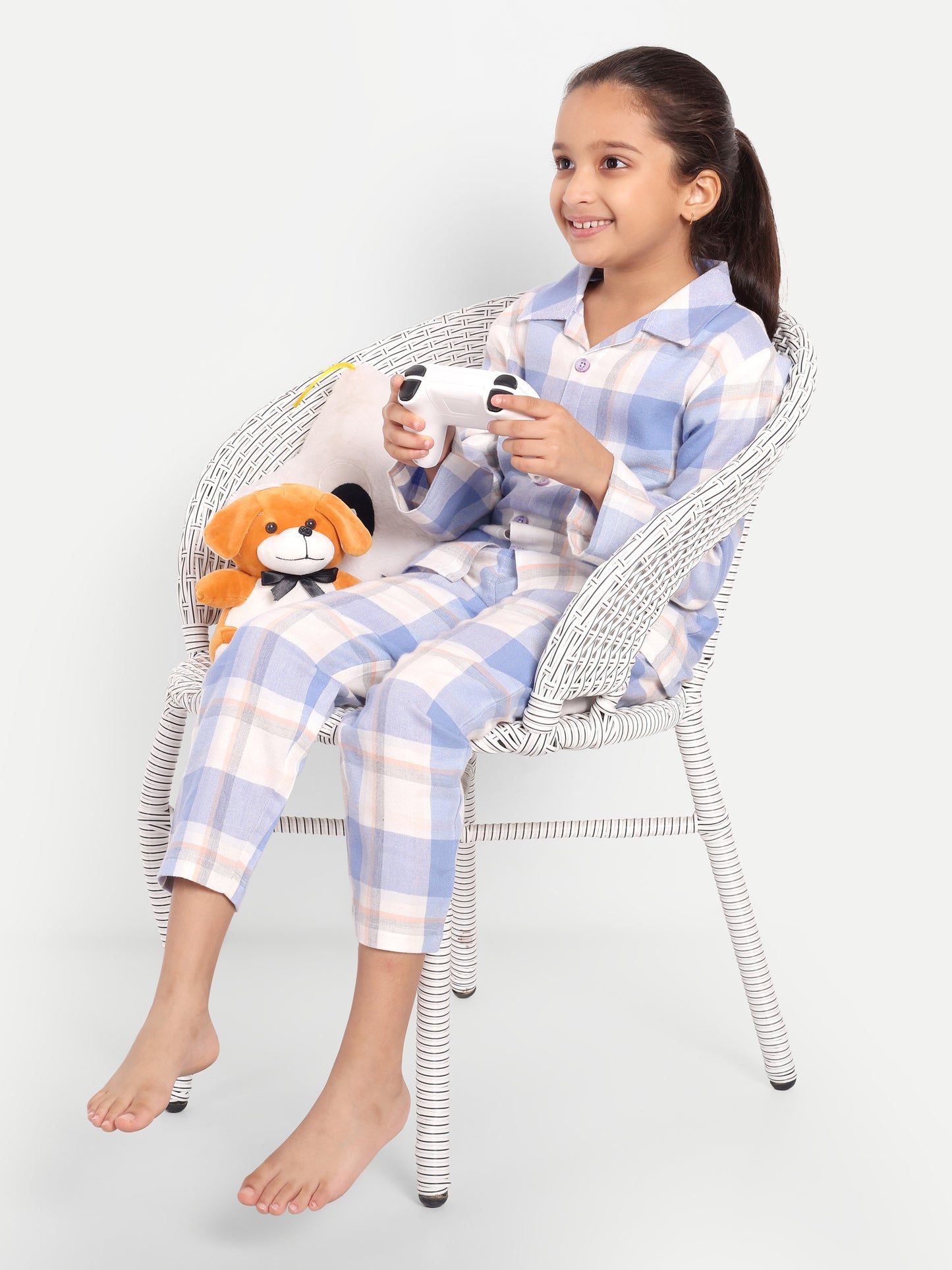 Blue Cotton Woven Checked Winter Flannel Full Sleeve Night Suit