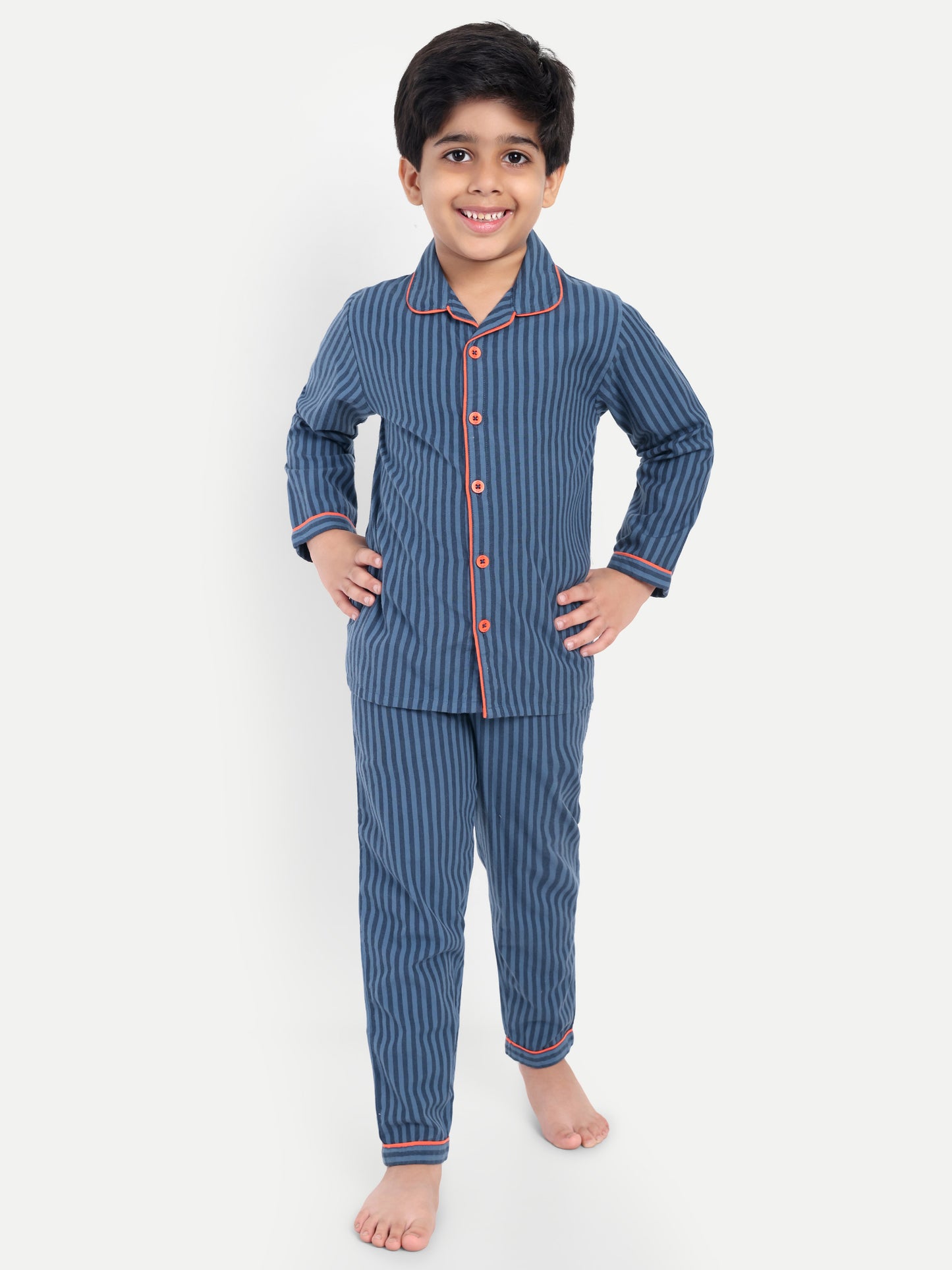Blue Cotton Woven Striped Full Sleeve Night Suit