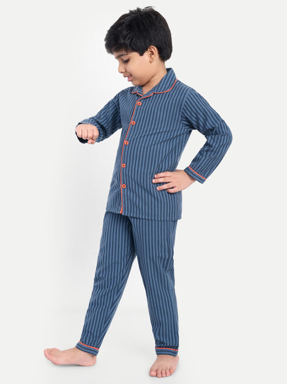 Blue Cotton Woven Striped Full Sleeve Night Suit