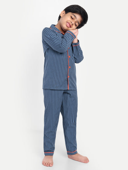 Blue Cotton Woven Striped Full Sleeve Night Suit