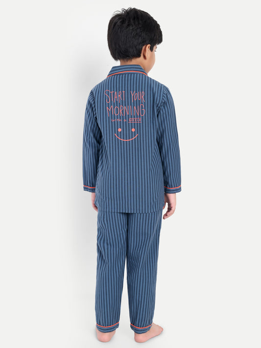 Blue Cotton Woven Striped Full Sleeve Night Suit