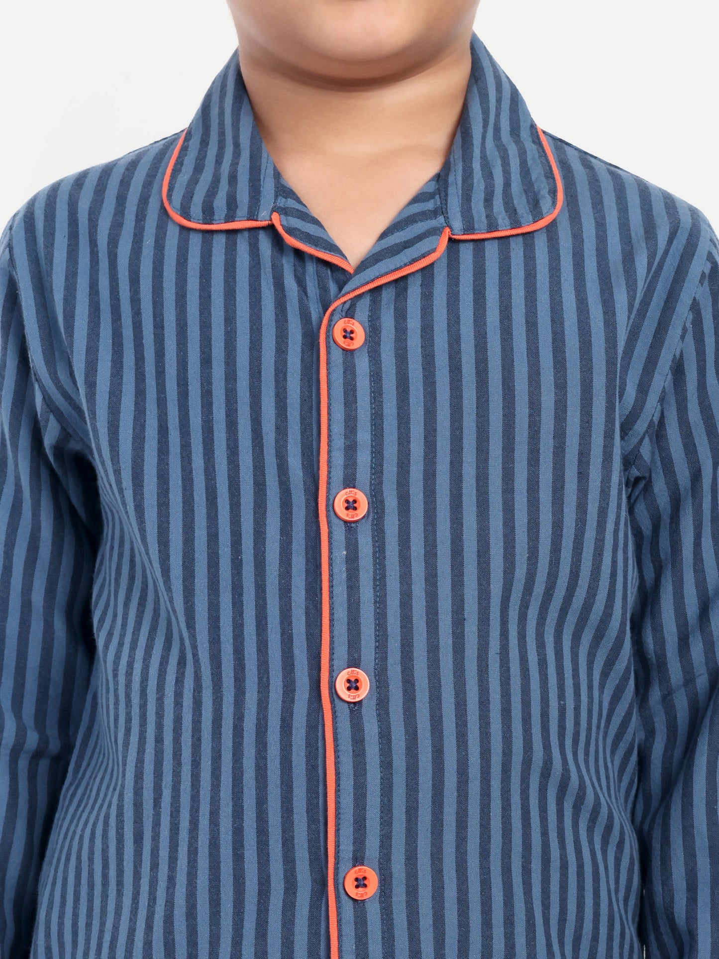 Blue Cotton Woven Striped Full Sleeve Night Suit