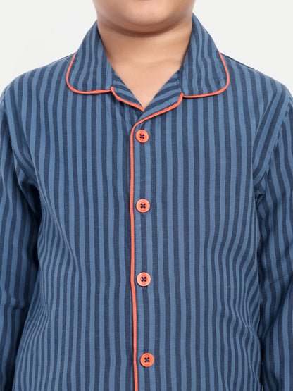Blue Cotton Woven Striped Full Sleeve Night Suit