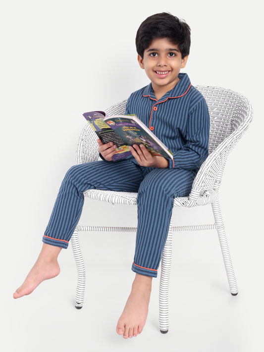 Blue Cotton Woven Striped Full Sleeve Night Suit