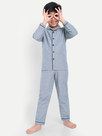 Blue Cotton Woven Typography Full Sleeve Night Suit