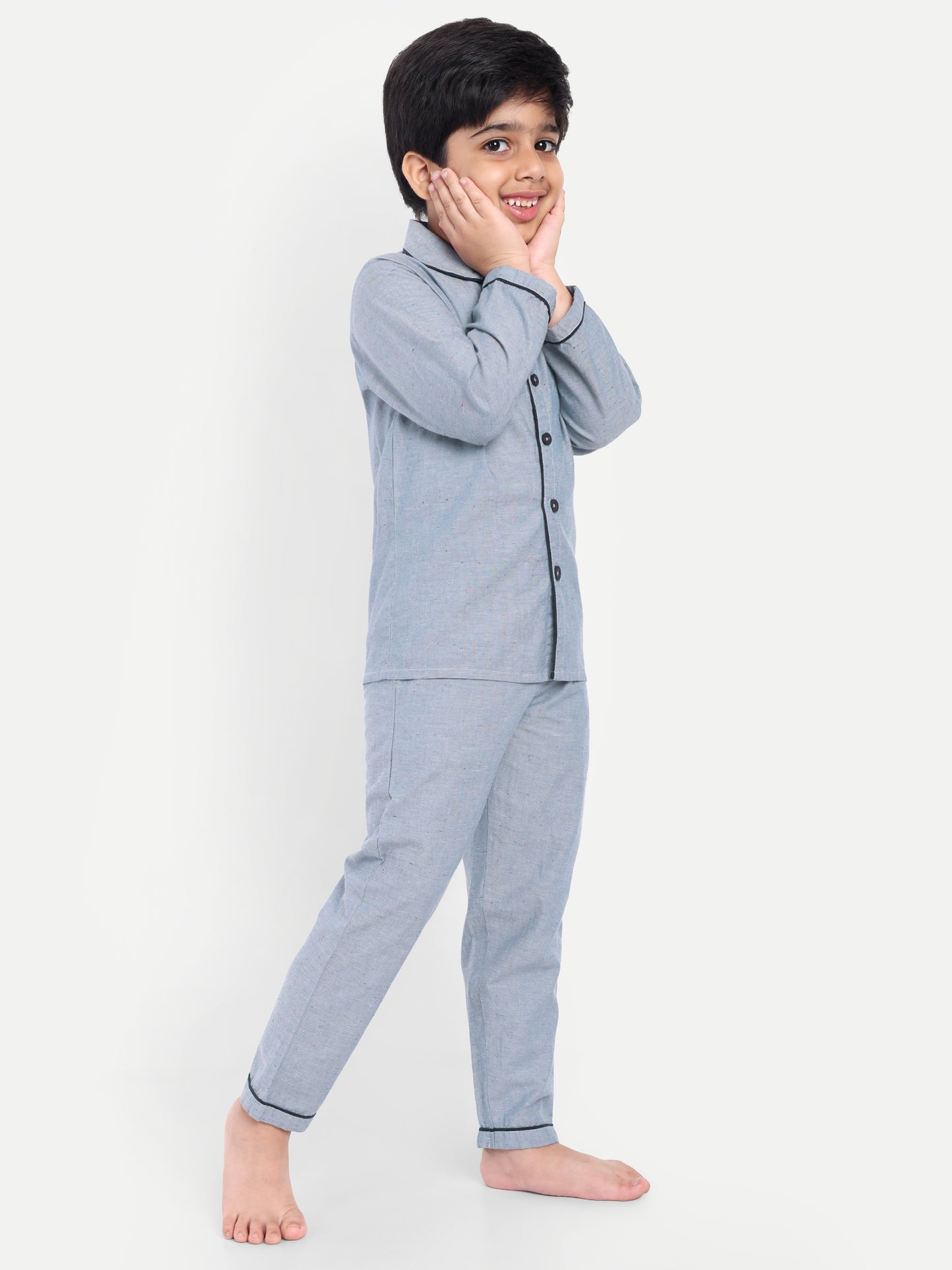 Blue Cotton Woven Typography Full Sleeve Night Suit