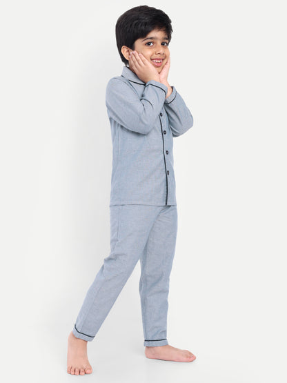 Blue Cotton Woven Typography Full Sleeve Night Suit
