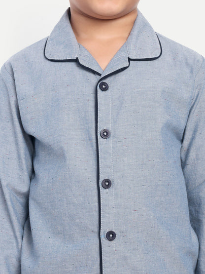 Blue Cotton Woven Typography Full Sleeve Night Suit