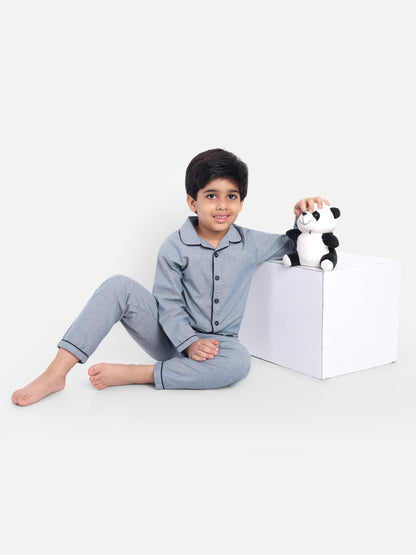 Blue Cotton Woven Typography Full Sleeve Night Suit