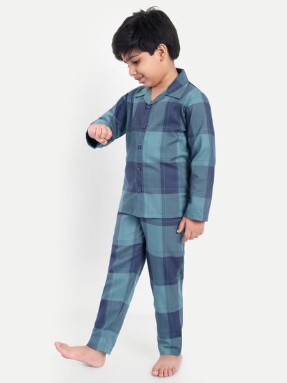 Blue Cotton Woven Checked Full Sleeve Night Suit