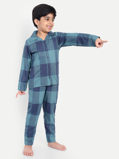 Blue Cotton Woven Checked Full Sleeve Night Suit