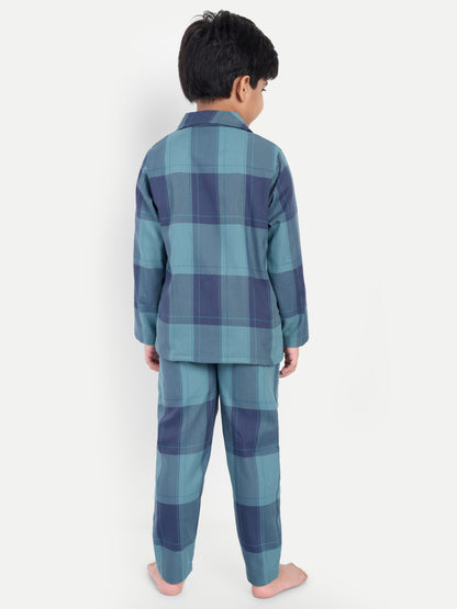 Blue Cotton Woven Checked Full Sleeve Night Suit