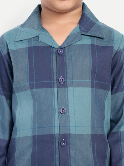 Blue Cotton Woven Checked Full Sleeve Night Suit
