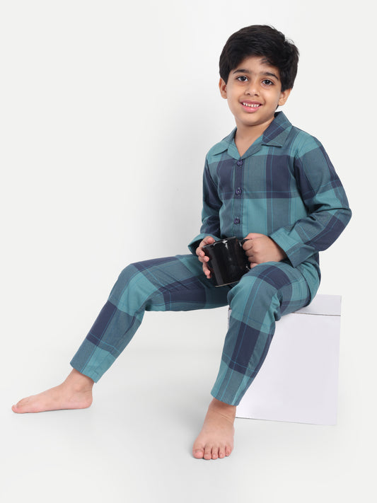 Blue Cotton Woven Checked Full Sleeve Night Suit
