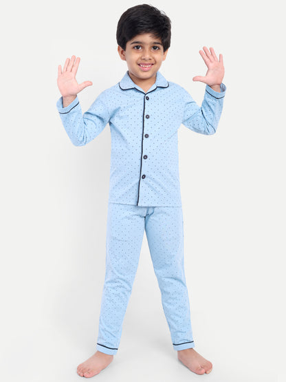 Blue Cotton Knitted Typography Full Sleeve Night Suit