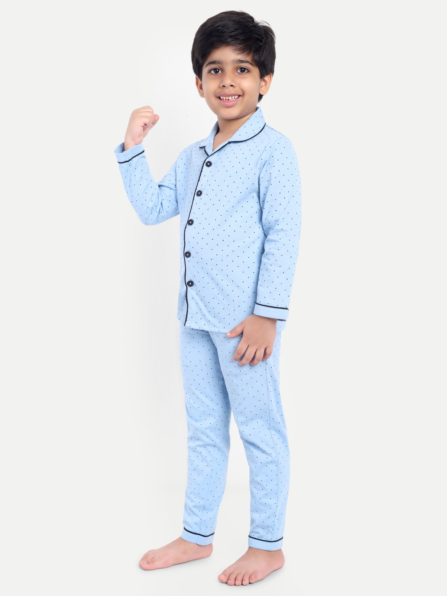 Blue Cotton Knitted Typography Full Sleeve Night Suit