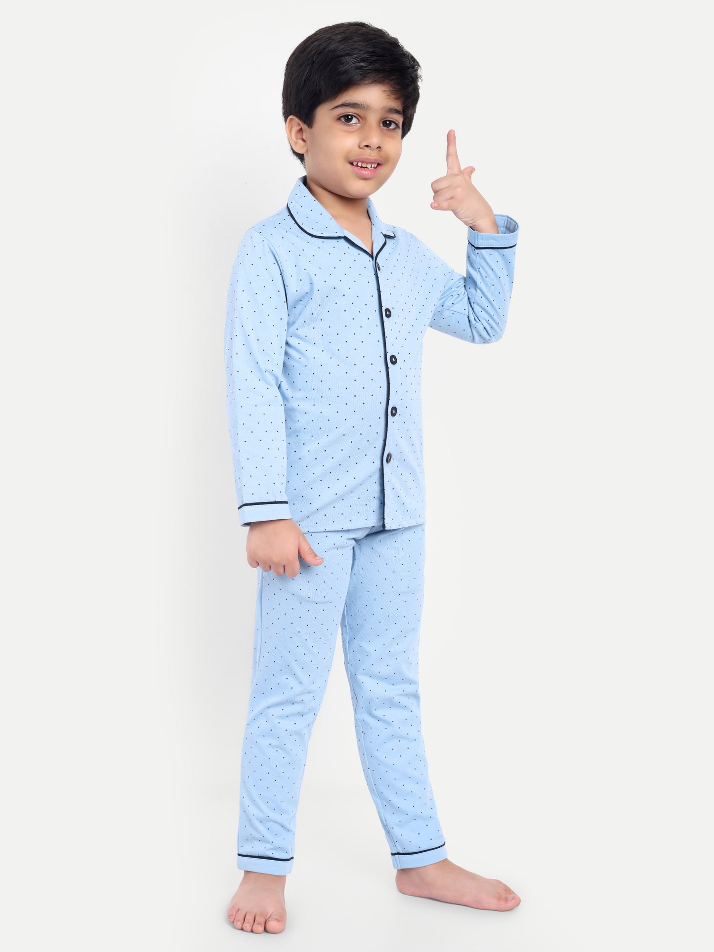 Blue Cotton Knitted Typography Full Sleeve Night Suit