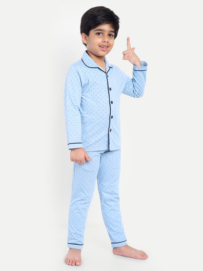 Blue Cotton Knitted Typography Full Sleeve Night Suit