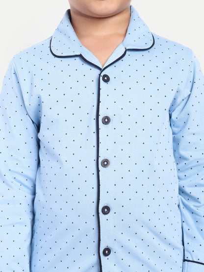 Blue Cotton Knitted Typography Full Sleeve Night Suit