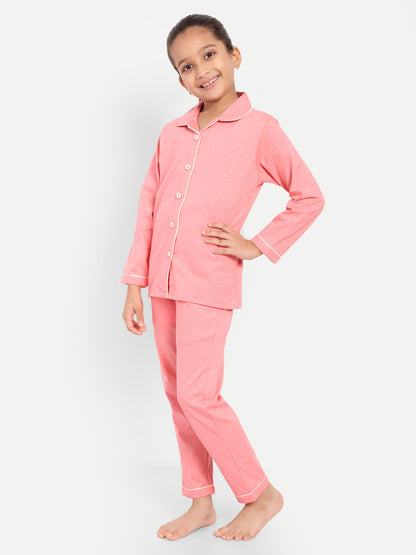 Pink Cotton Knitted Typography Full Sleeve Night Suit