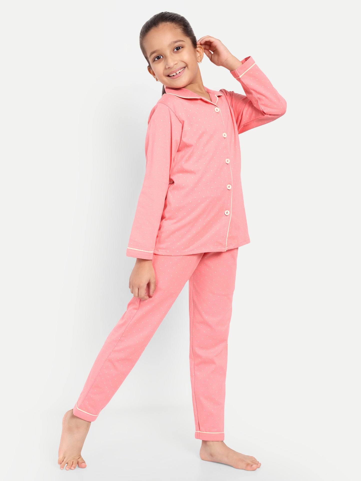 Pink Cotton Knitted Typography Full Sleeve Night Suit