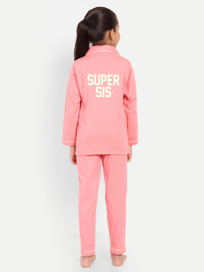 Pink Cotton Knitted Typography Full Sleeve Night Suit