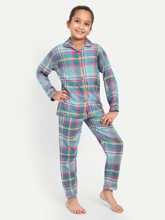 Blue Cotton Woven Checked Full Sleeve Night Suit