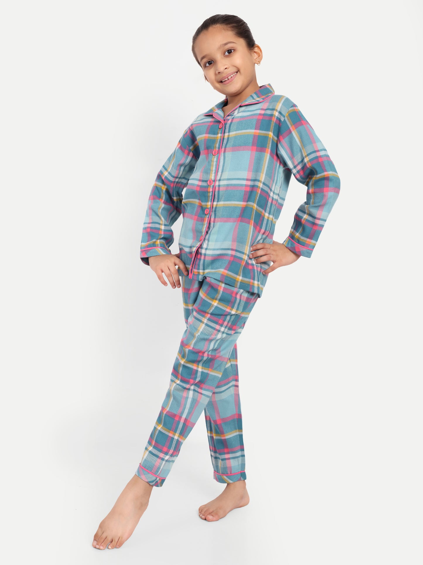 Blue Cotton Woven Checked Full Sleeve Night Suit