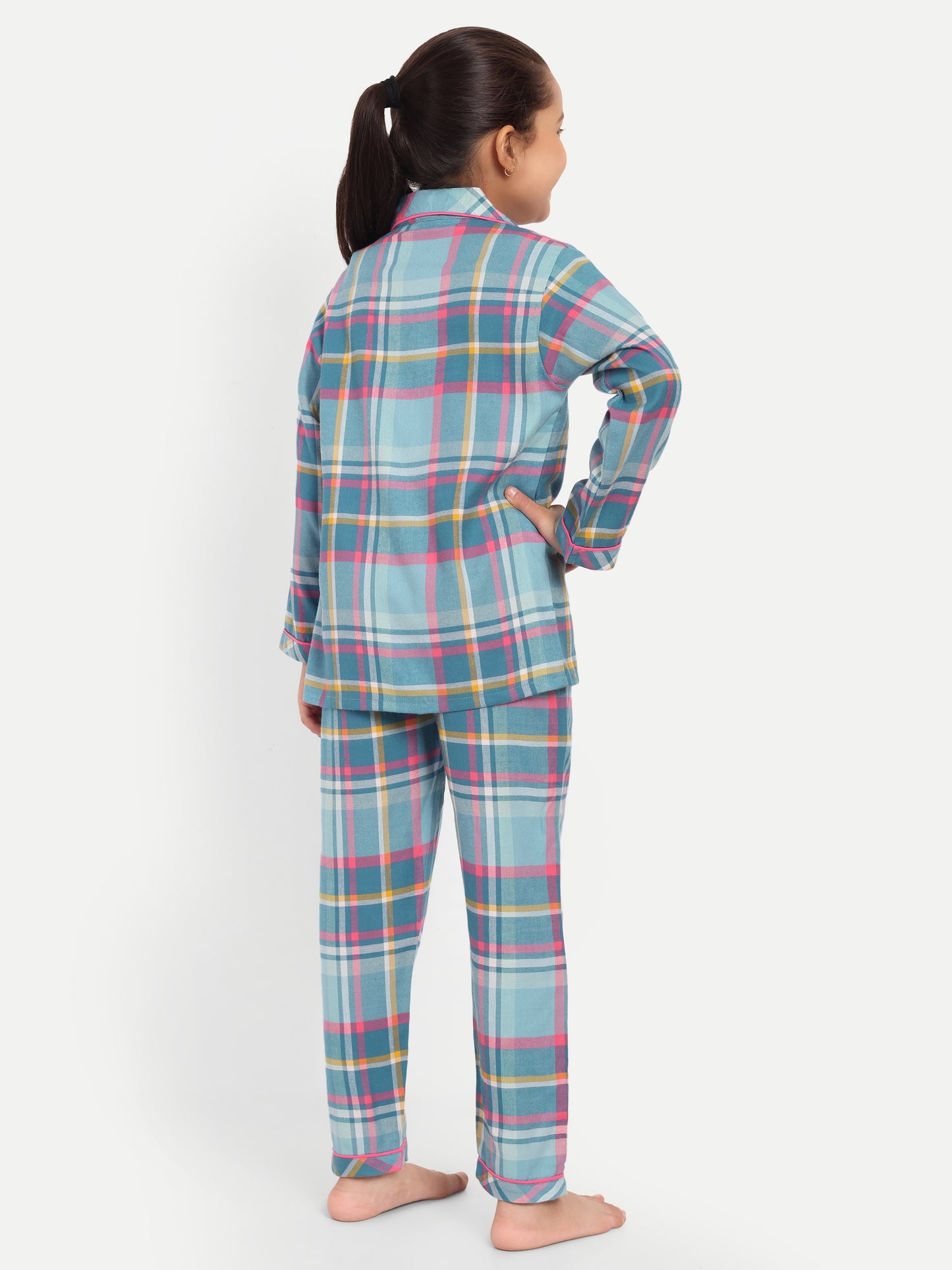 Blue Cotton Woven Checked Full Sleeve Night Suit