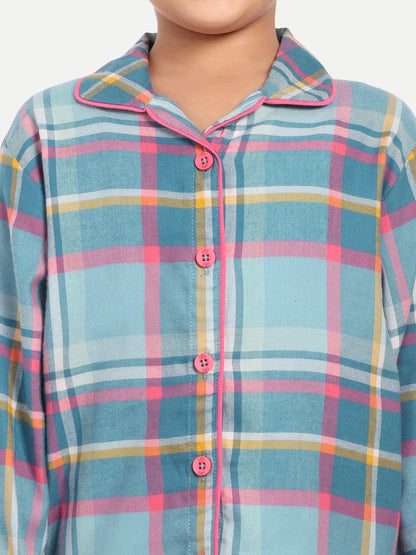 Blue Cotton Woven Checked Full Sleeve Night Suit