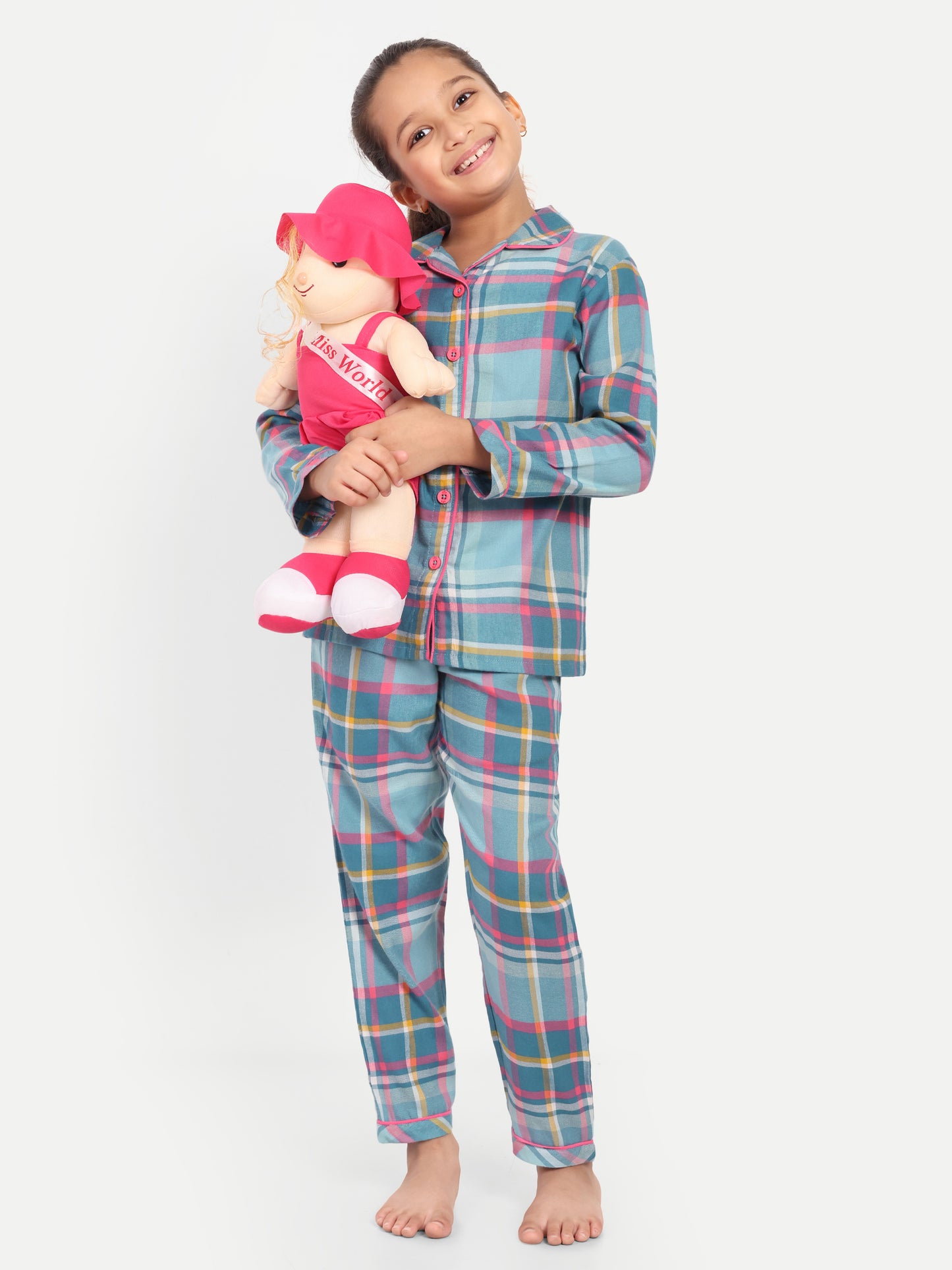 Blue Cotton Woven Checked Full Sleeve Night Suit