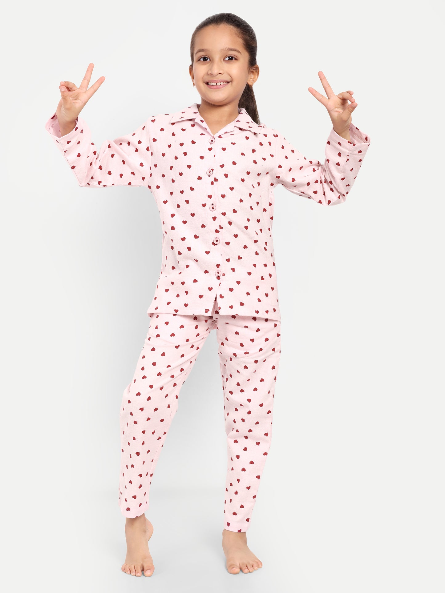 Hearts Pink Cotton Woven Flannel Full Sleeve Night Suit