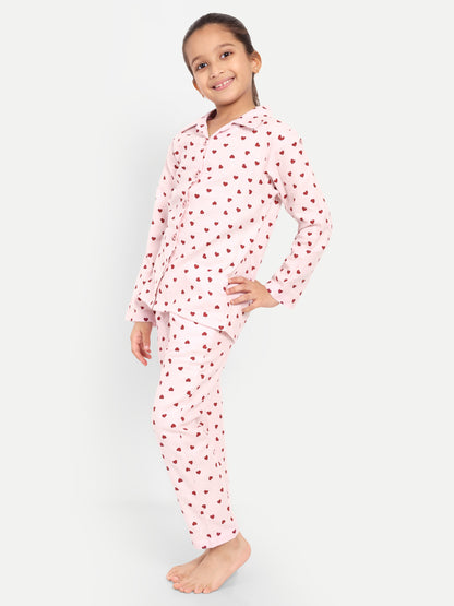 Hearts Pink Cotton Woven Flannel Full Sleeve Night Suit