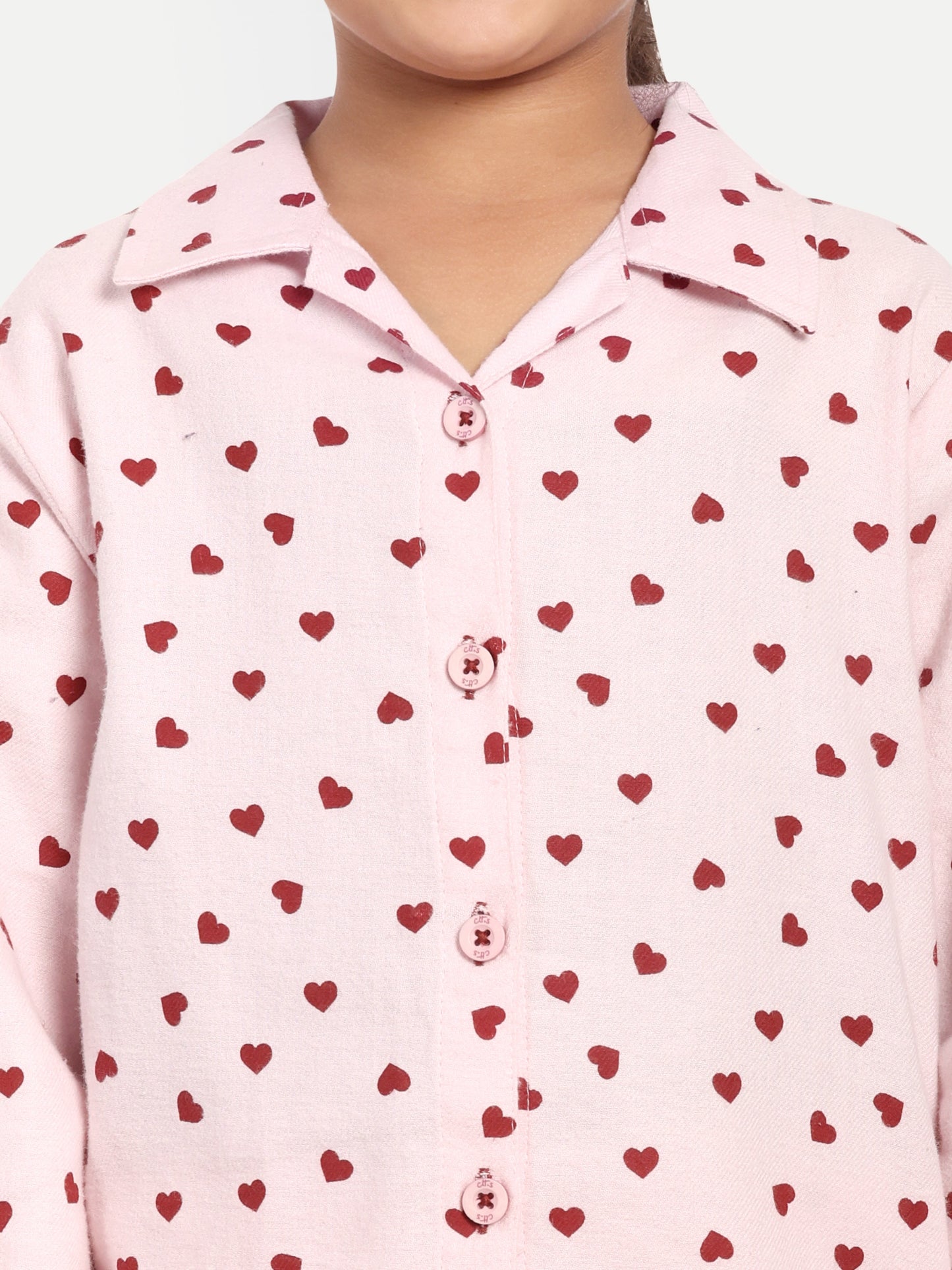 Hearts Pink Cotton Woven Flannel Full Sleeve Night Suit