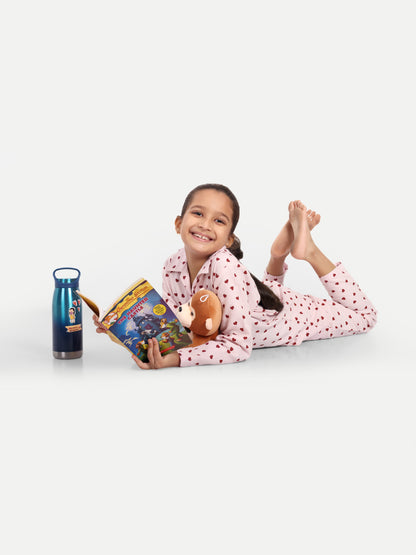 Hearts Pink Cotton Woven Flannel Full Sleeve Night Suit