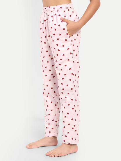 Hearts Pink Cotton Woven Flannel Full Sleeve Night Suit