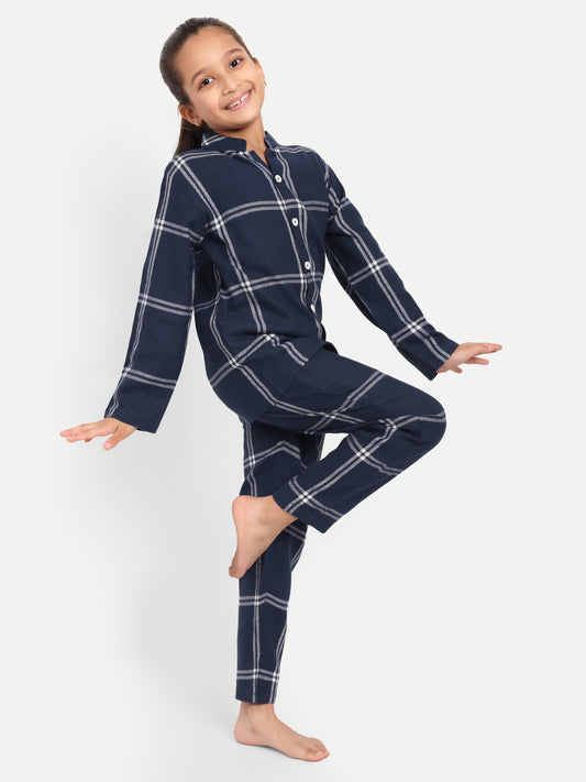 Blue Cotton Woven Checked Full Sleeve Night Suit