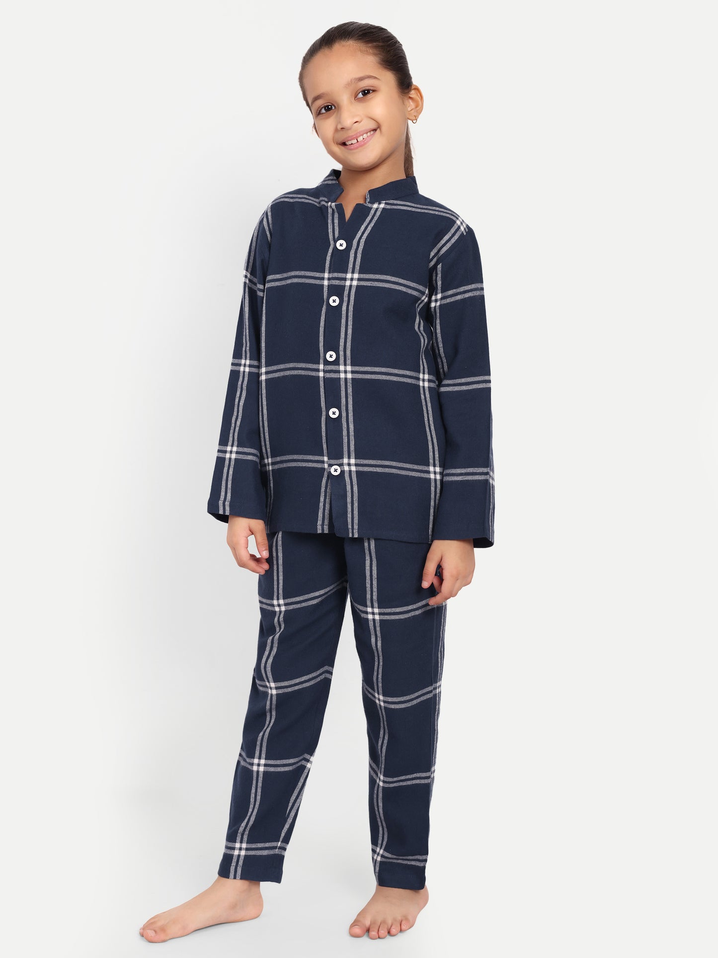 Blue Cotton Woven Checked Full Sleeve Night Suit