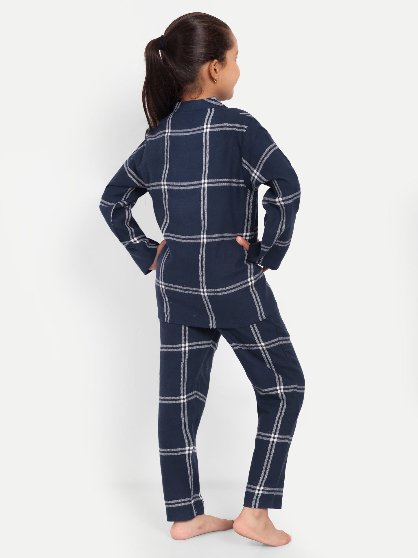 Blue Cotton Woven Checked Full Sleeve Night Suit