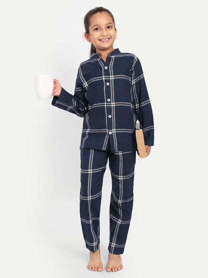 Blue Cotton Woven Checked Full Sleeve Night Suit