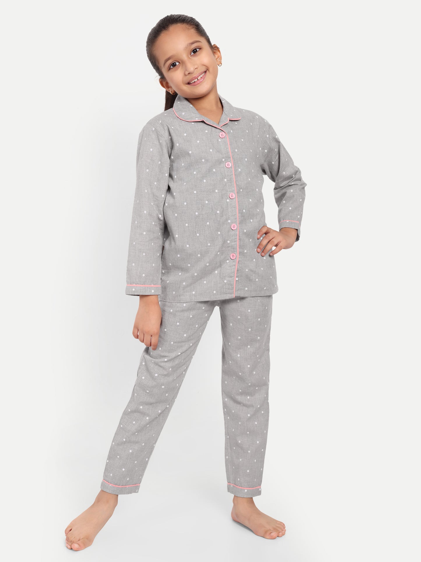 Grey Cotton Woven Polka Dots Full Sleeve Night Suit