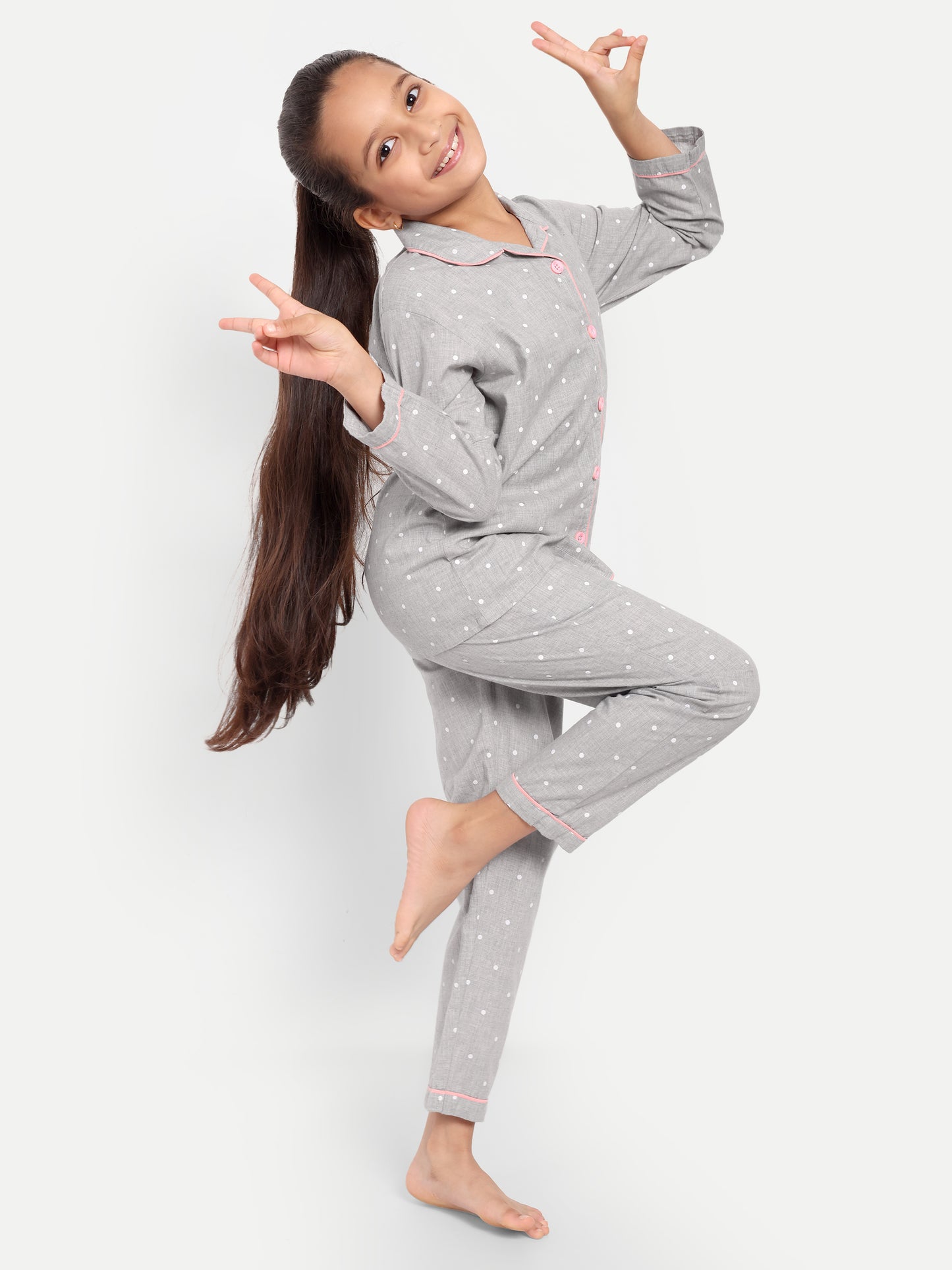 Grey Cotton Woven Polka Dots Full Sleeve Night Suit