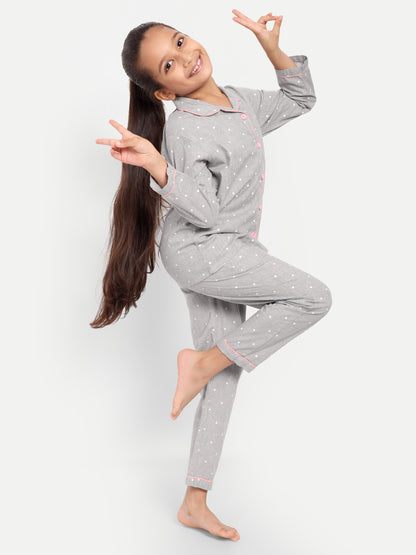 Grey Cotton Woven Polka Dots Full Sleeve Night Suit