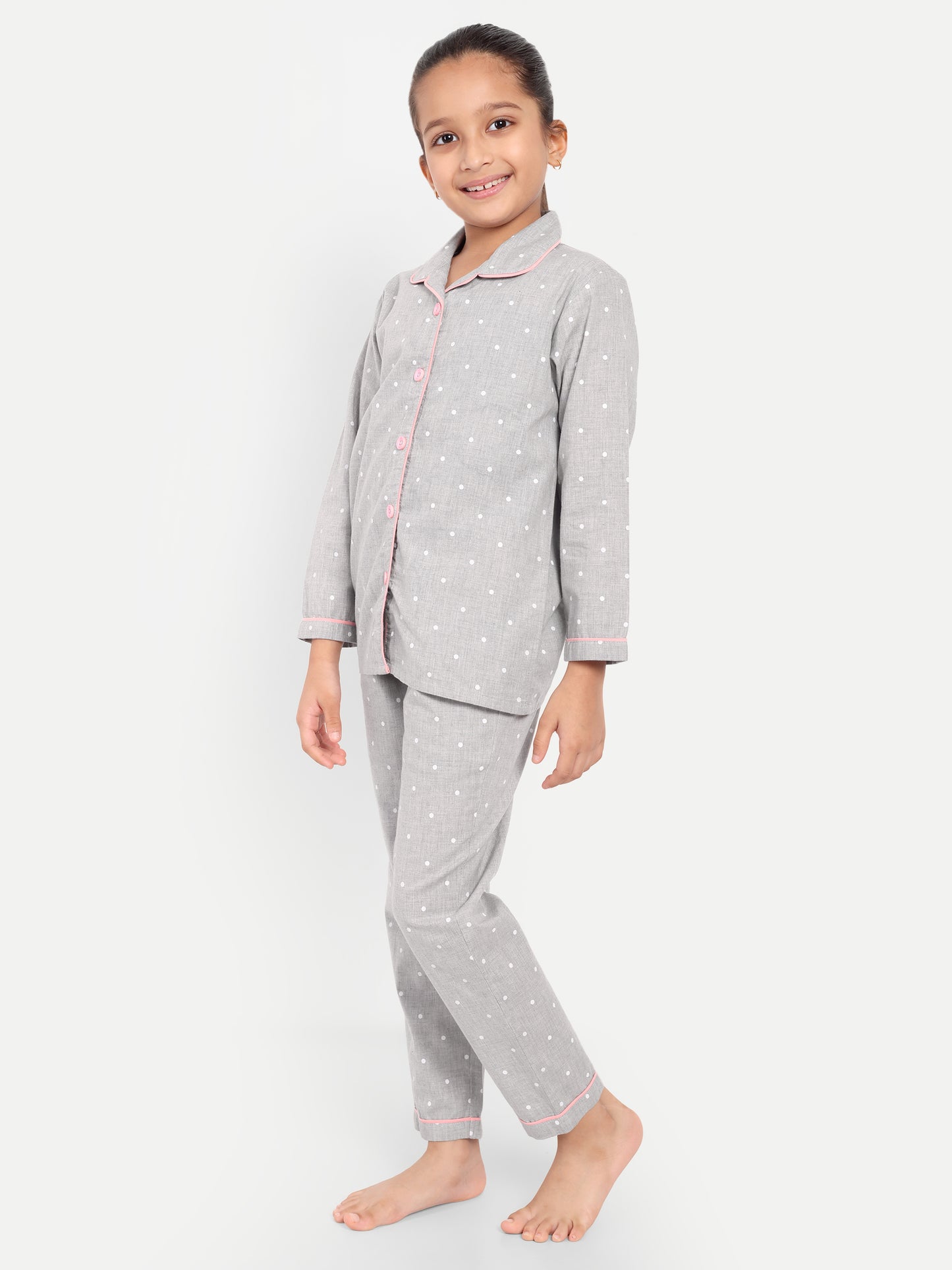 Grey Cotton Woven Polka Dots Full Sleeve Night Suit